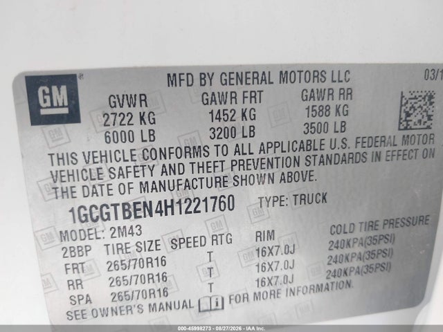 45998273 :رقم المزاد ، 1GCGTBEN4H1221760 vin ، 2017 Chevrolet Colorado Wt مزاد بيع