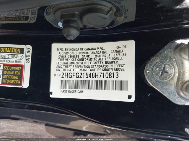 45998274 :رقم المزاد ، 2HGFG21546H710813 vin ، 2006 Honda Civic Si مزاد بيع