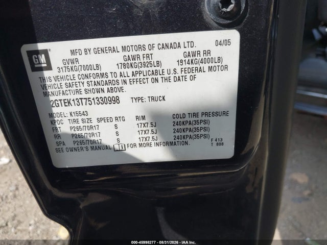 Продажа на аукционе авто 2005 Gmc Sierra 1500 Sle, vin: 2GTEK13T751330998, номер лота: 45998277