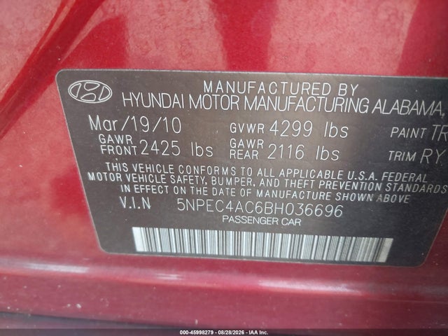 Aukcja sprzedaży 2011 Hyundai Sonata Se, vin: 5NPEC4AC6BH036696, numer aukcji: 45998279
