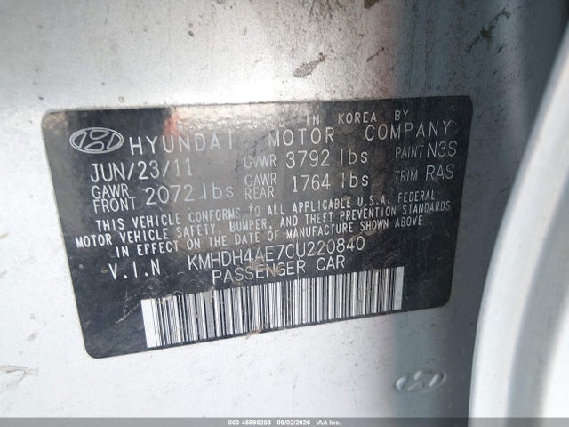 2012 Hyundai Elantra Limited (ulsan Plant) მანქანა იყიდება აუქციონზე, vin: KMHDH4AE7CU220840, აუქციონის ნომერი: 45998283
