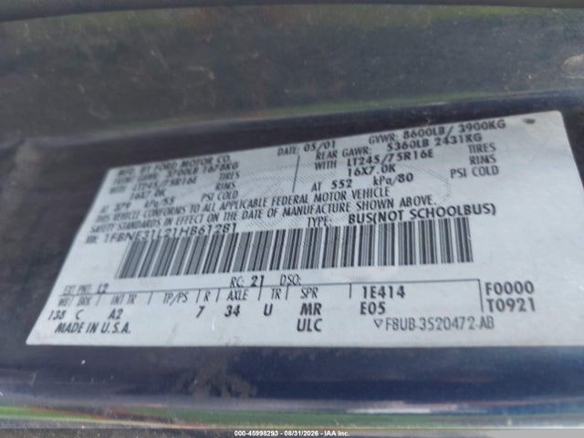 2001 Ford E-350 Super Duty მანქანა იყიდება აუქციონზე, vin: 1FBNE31L21HB61281, აუქციონის ნომერი: 45998293