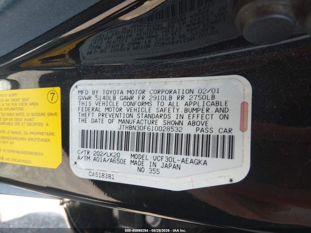 45998294 :رقم المزاد ، JTHBN30F610028532 vin ، 2001 Lexus Ls 430 مزاد بيع