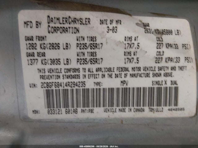 Продаж на аукціоні авто 2004 Chrysler Pacifica, vin: 2C8GF68414R294235, номер лоту: 45998299
