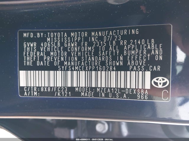 Продажа на аукционе авто 2023 Toyota Corolla Se, vin: 5YFS4MCEXPP160284, номер лота: 45998311