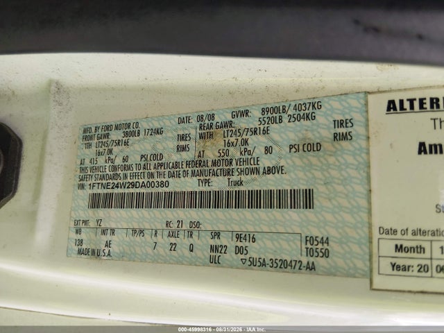 2009 Ford E-250 მანქანა იყიდება აუქციონზე, vin: 1FTNE24W29DA00380, აუქციონის ნომერი: 45998316