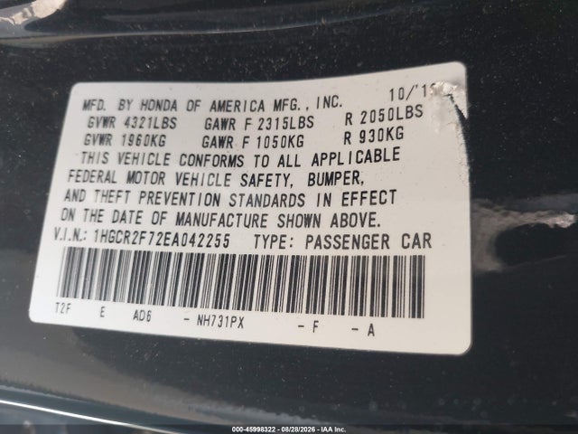 2014 Honda Accord Ex მანქანა იყიდება აუქციონზე, vin: 1HGCR2F72EA042255, აუქციონის ნომერი: 45998322