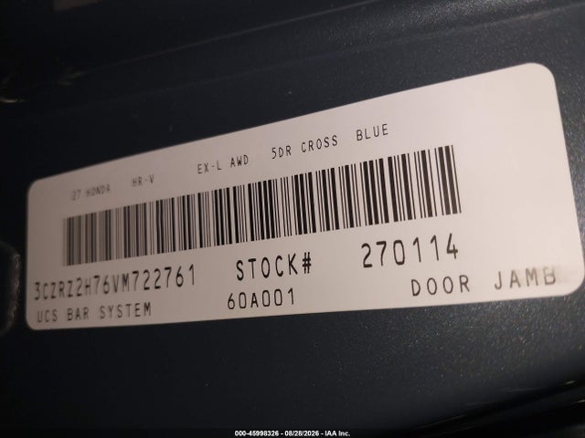 45998326 :رقم المزاد ، 3CZRZ2H76VM722761 vin ، 2027 Honda Hr-v Ex- Awd مزاد بيع