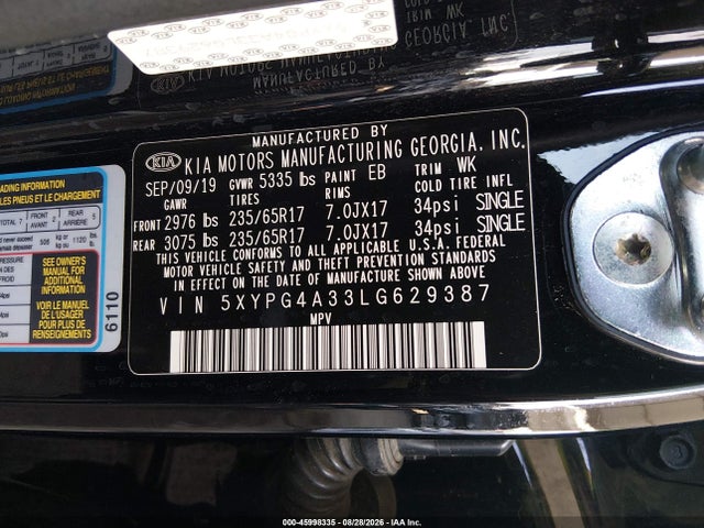 Продажа на аукционе авто 2020 Kia Sorento 2.4l Lx, vin: 5XYPG4A33LG629387, номер лота: 45998335