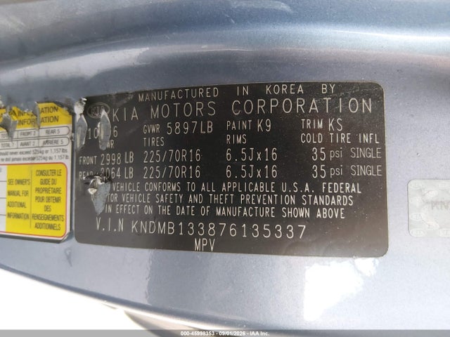 Aukcja sprzedaży 2007 Kia Sedona, vin: KNDMB133876135337, numer aukcji: 45998353