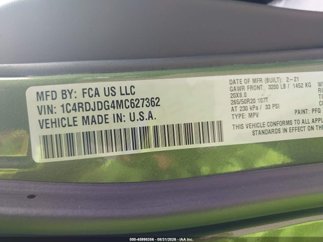 Продажа на аукционе авто 2021 Dodge Durango Gt Plus Awd, vin: 1C4RDJDG4MC627362, номер лота: 45998356