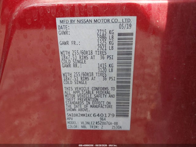 Nissan Pathfinder Sv 2019 5N1DR2MM1KC640179 Image 9