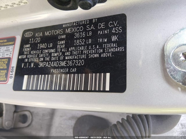 Aukcja sprzedaży 2021 Kia Rio S, vin: 3KPA24AD3ME367320, numer aukcji: 45998367