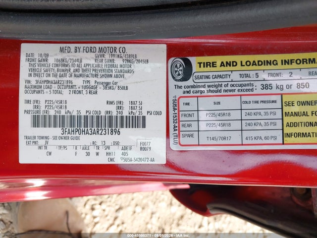 45998371 :رقم المزاد ، 3FAHP0HA3AR231896 vin ، 2010 Ford Fusion Se مزاد بيع
