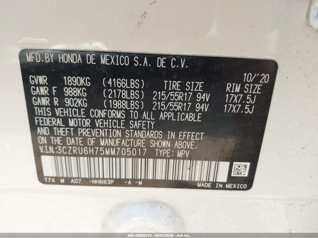 Продажа на аукционе авто 2021 Honda Hr-v Awd Ex-l, vin: 3CZRU6H75MM705017, номер лота: 45998375