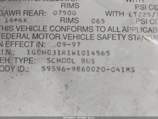 1998 Gmc Savana Special მანქანა იყიდება აუქციონზე, vin: 1GDHG31R1W1014565, აუქციონის ნომერი: 45998379