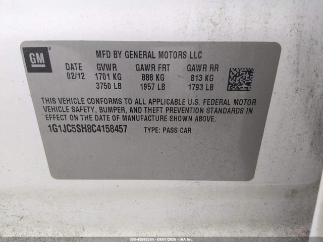 Продажа на аукционе авто 2012 Chevrolet Sonic 2lt, vin: 1G1JC5SH8C4158457, номер лота: 45998384