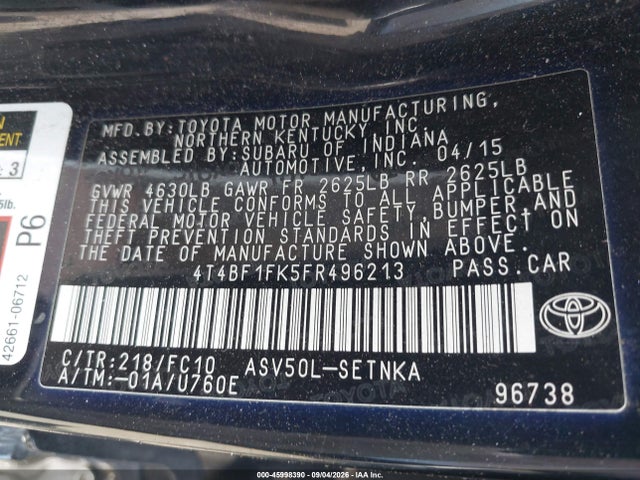 4T4BF1FK5FR496213 Toyota CAMRY LE