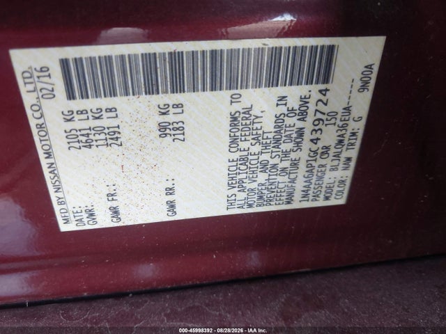 45998392 :رقم المزاد ، 1N4AA6AP1GC439724 vin ، 2016 Nissan Maxima 3.5 Platinum/3.5 S/3.5 Sl/3.5 Sr/3.5 Sv مزاد بيع