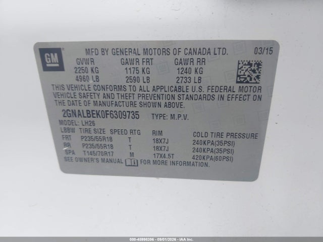 Продажа на аукционе авто 2015 Chevrolet Equinox 1lt, vin: 2GNALBEK0F6309735, номер лота: 45998396