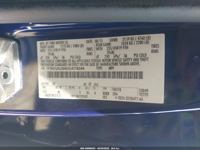 45998403 :رقم المزاد ، 1FMCU0J94GUA74244 vin ، 2016 Ford Escape Titanium مزاد بيع