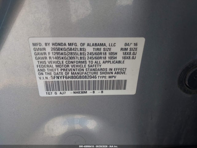 Aukcja sprzedaży 2016 Honda Pilot Ex-l, vin: 5FNYF6H80GB082046, numer aukcji: 45998418