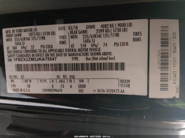 Ford Transit-350 Xl 2018 1FBZX2ZM3JKA75547 Image 9