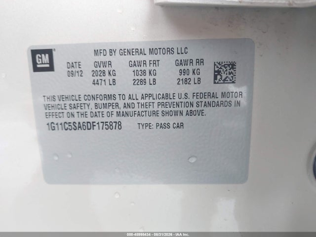 Продаж на аукціоні авто 2013 Chevrolet Malibu 1lt, vin: 1G11C5SA6DF175878, номер лоту: 45998434