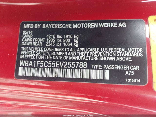 45998445 :رقم المزاد ، WBA1F5C55EV255788 vin ، 2014 Bmw 228i مزاد بيع
