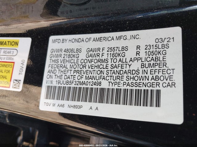Продаж на аукціоні авто 2021 Acura Tlx Standard, vin: 19UUB5F32MA012498, номер лоту: 45998451