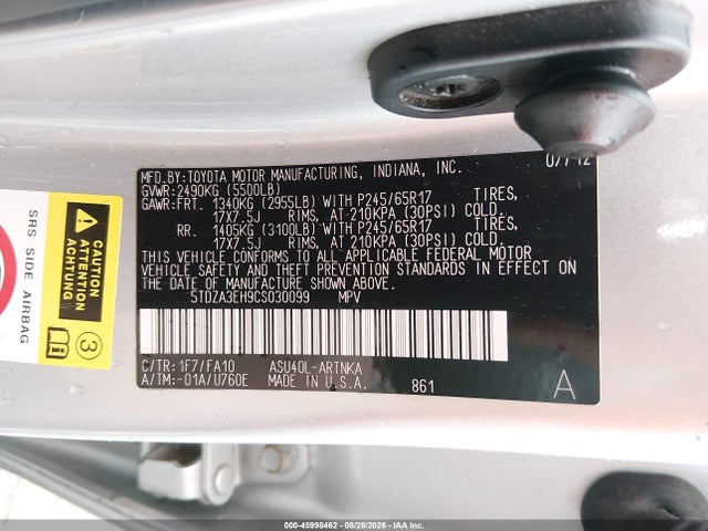 45998462 :رقم المزاد ، 5TDZA3EH9CS030099 vin ، 2012 Toyota Highlander مزاد بيع