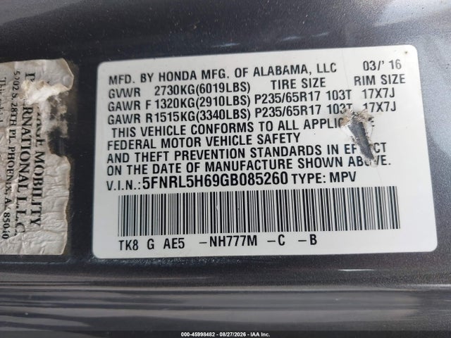 2016 Honda Odyssey Ex-l მანქანა იყიდება აუქციონზე, vin: 5FNRL5H69GB085260, აუქციონის ნომერი: 45998482