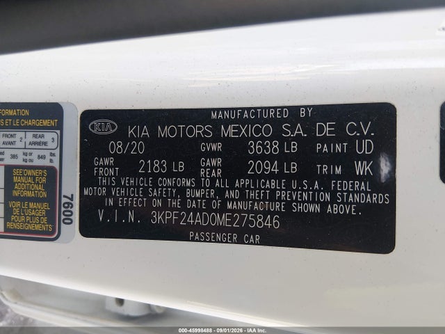 Aukcja sprzedaży 2021 Kia Forte Fe, vin: 3KPF24AD0ME275846, numer aukcji: 45998488