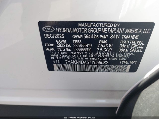 2026 Hyundai Ioniq 5 Sel მანქანა იყიდება აუქციონზე, vin: 7YAKN4DA5TY056082, აუქციონის ნომერი: 45998490
