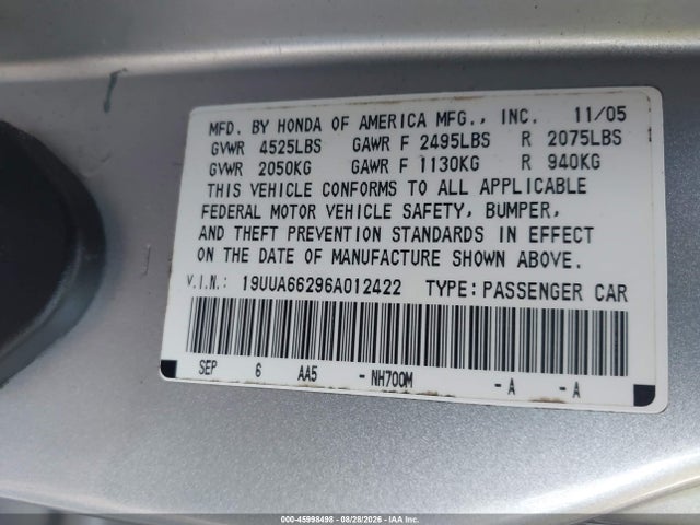 Продаж на аукціоні авто 2006 Acura Tl, vin: 19UUA66296A012422, номер лоту: 45998498