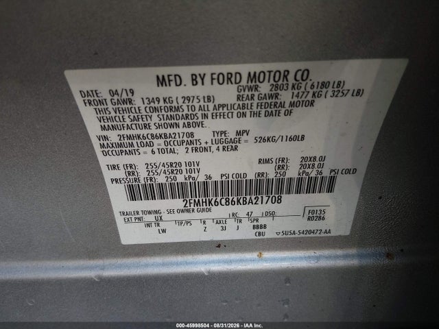 2019 Ford Flex Sel მანქანა იყიდება აუქციონზე, vin: 2FMHK6C86KBA21708, აუქციონის ნომერი: 45998504