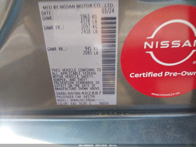 Aukcja sprzedaży 2024 Nissan Altima Sv Fwd, vin: 1N4BL4DV3RN402887, numer aukcji: 45998535