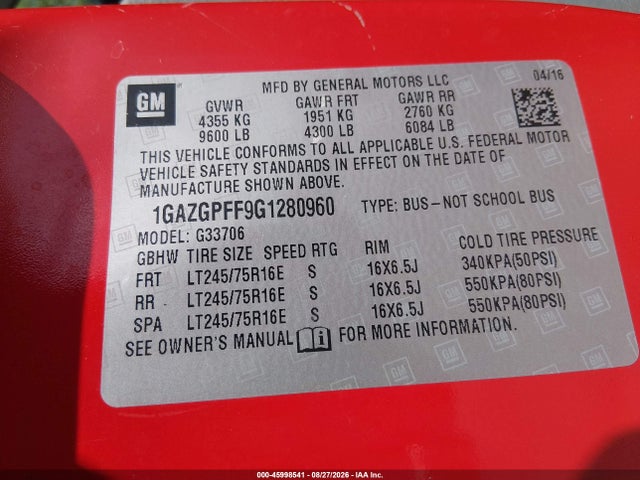45998541 :رقم المزاد ، 1GAZGPFF9G1280960 vin ، 2016 Chevrolet Express 3500 Lt مزاد بيع
