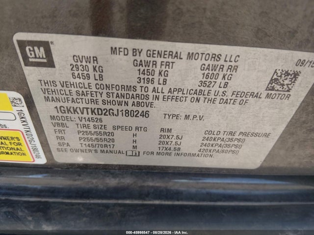 45998547 :رقم المزاد ، 1GKKVTKD2GJ180246 vin ، 2016 Gmc Acadia Denali مزاد بيع