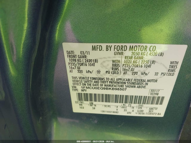 Продажа на аукционе авто 2011 Ford Escape Limited, vin: 1FMCU0EG9BKB98507, номер лота: 45998551