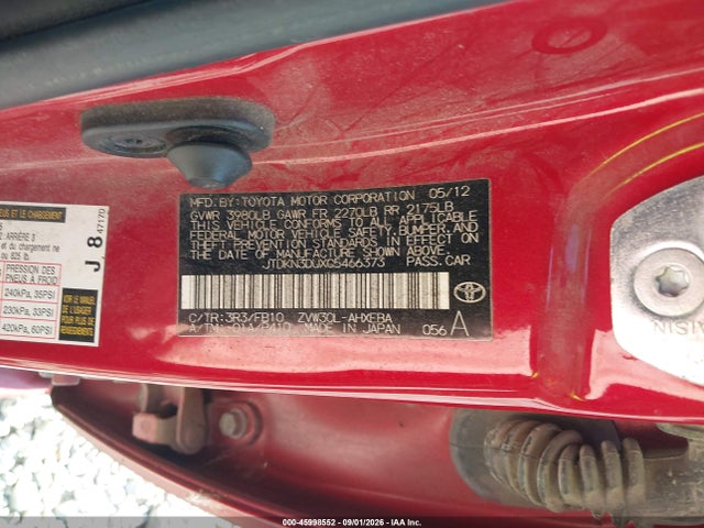 45998552 :رقم المزاد ، JTDKN3DUXC5466373 vin ، 2012 Toyota Prius Two مزاد بيع