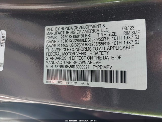 Aukcja sprzedaży 2024 Honda Odyssey Touring, vin: 5FNRL6H86RB000921, numer aukcji: 45998556