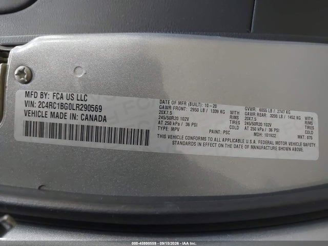 Aukcja sprzedaży 2020 Chrysler Pacifica Touring L, vin: 2C4RC1BG0LR290569, numer aukcji: 45998559