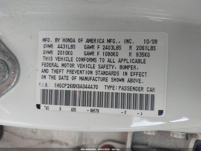 2009 Honda Accord 2.4 Ex-l მანქანა იყიდება აუქციონზე, vin: 1HGCP268X9A044470, აუქციონის ნომერი: 45998560