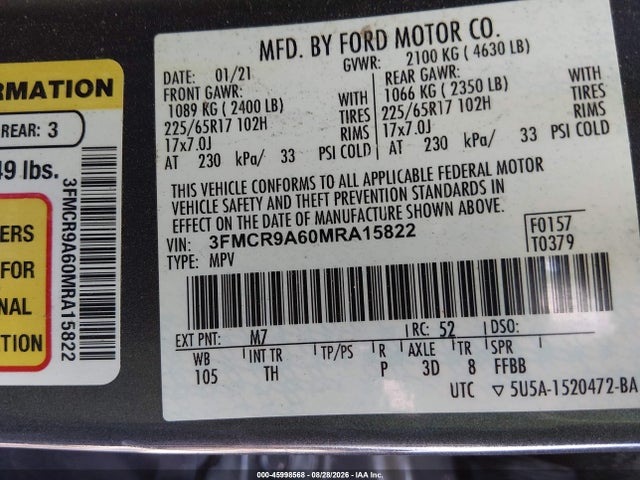2021 Ford Bronco Sport მანქანა იყიდება აუქციონზე, vin: 3FMCR9A60MRA15822, აუქციონის ნომერი: 45998568