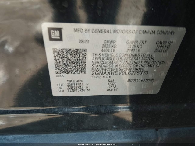 Aukcja sprzedaży 2020 Chevrolet Equinox Fwd Ls, vin: 2GNAXHEV0L6275373, numer aukcji: 45998571