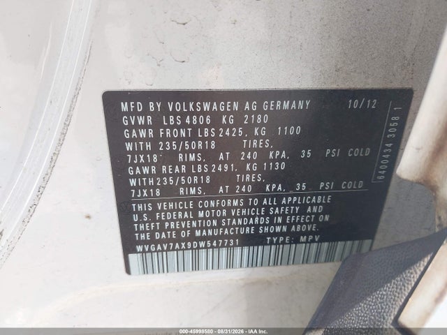 Aukcja sprzedaży 2013 Volkswagen Tiguan Se, vin: WVGAV7AX9DW547731, numer aukcji: 45998580