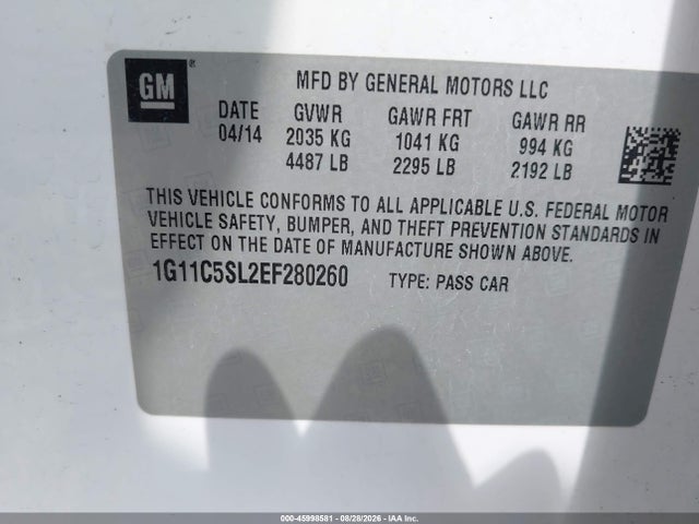 Продажа на аукционе авто 2014 Chevrolet Malibu 1lt, vin: 1G11C5SL2EF280260, номер лота: 45998581