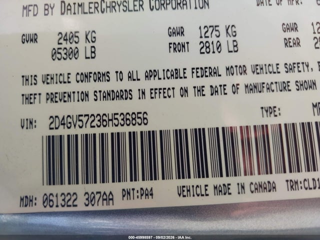 45998597 :رقم المزاد ، 2D4GV57236H536856 vin ، 2006 Dodge Magnum Rt مزاد بيع