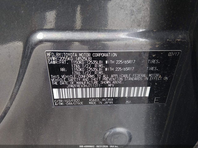 Aukcja sprzedaży 2017 Toyota Rav4 Le, vin: JTMZFREV3HJ711311, numer aukcji: 45998602